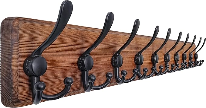 Dseap Coat Rack Wall - Heavy-Duty 38-1/4" Long, with Reinforced 10 Custom Tri-Hooks, Solid Wood Wall Hanger for Coats Hat Jackets - Rustic Farmhouse Entryway Hallway Storage, Natural & Black