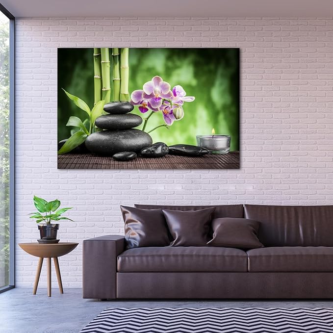 GUTTATY Zen Wall Art Decor, Modern Bathroom Zen Decor Wall Art, Large Canvas Wall Art for SPA Zen Room Decor, Green Bamboo and Pebble Relaxing Art Prints for Office & SPA Wall Decor 32x48 Inches