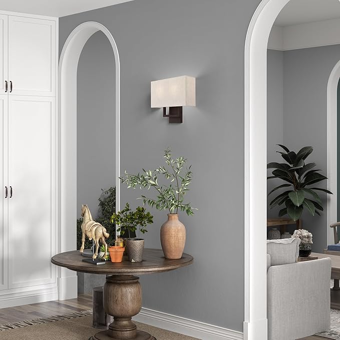 Livex Lighting 50994-07 Pierson Collection 2 Light Ada Wall Sconce, Oatmeal Fabric Outside, White Fabric Inside Hardback Shade, Bronze Finish