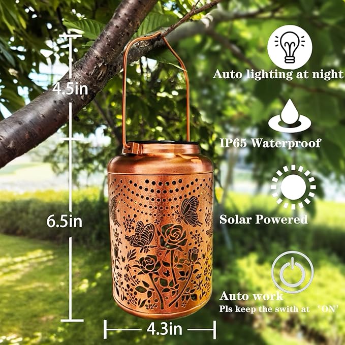 Gardering Birthday Gifts for Mom Grandma Women,Solar Butterfly & Rose Lanterns Outdoor Waterproof,Hanging Metal Garden Decor Yard Art Lights,Outside Patio Decorations,Porch,Housewarming,1PC