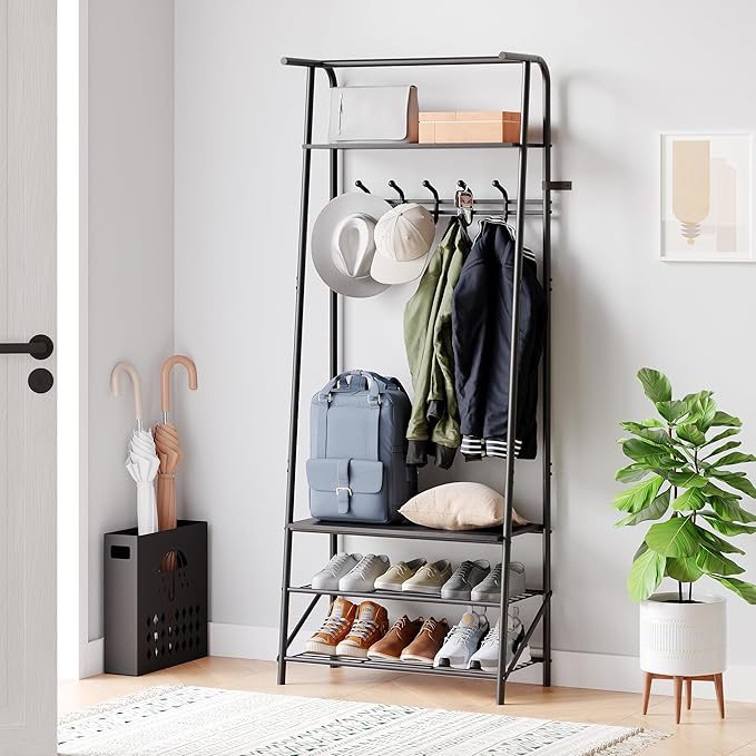 Hall Tree Coat Rack with Shoe Storage Bench & 5 Hooks – Entryway Organizer, Metal Frame, Wood Accent – Versatile Furniture for Hallway, Bedroom, Living Room – Single Row Hook, 60cm Wide,