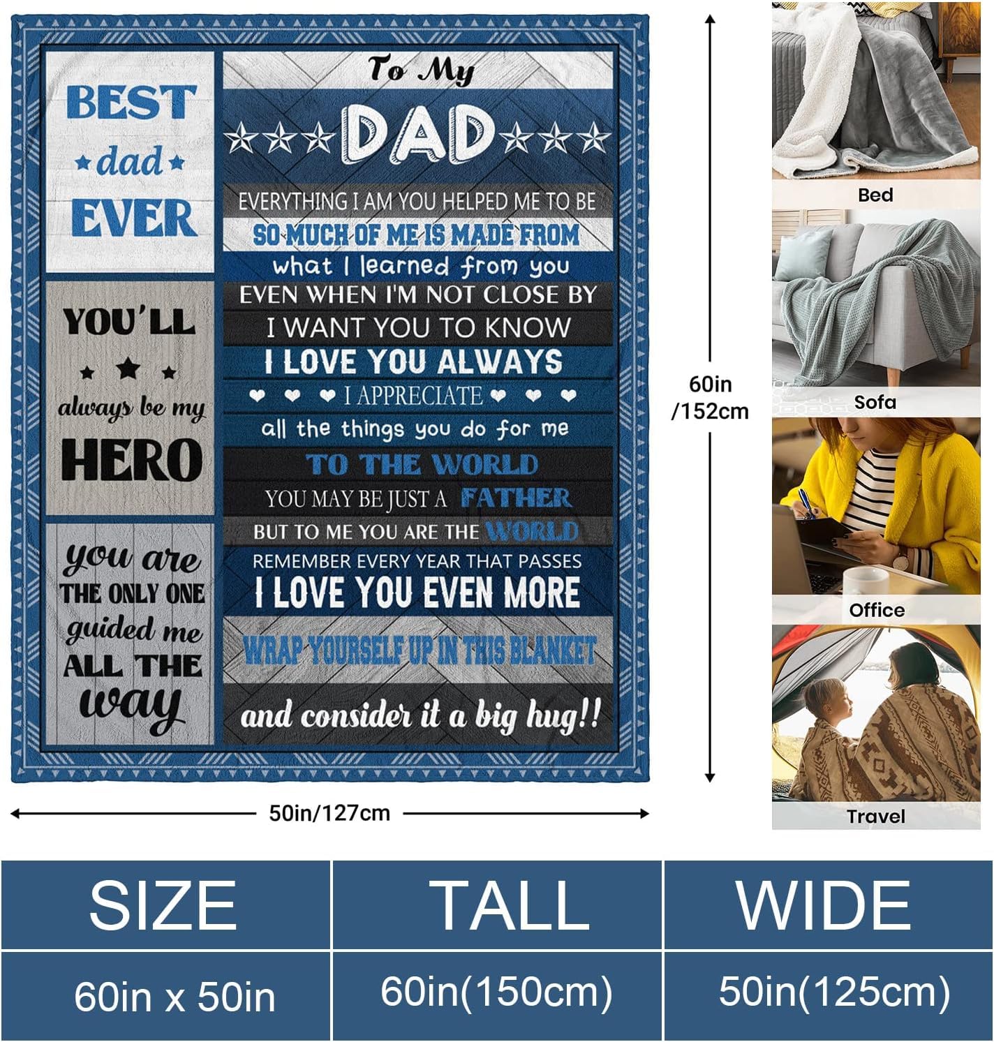 Quilazy Gifts for Dad Blanket, Dad Gifts from Daughter Son, Happy Christmas Father's Day Anniversary Birthday Gift for Dads Who Want Nothing, Best Daddy Dads Father Ever Gifts Throw Blanket 60"X50"