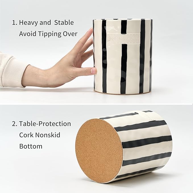 JIEMEI HOME Kitchen Utensil Holder, 7.2" Ceramic Stable Utensil Crock for Countertop, Modern Minimalism Style Cooking Tool Organizer with Cork Mat, Spatula Holder For Kitchen Decor, Black stripes