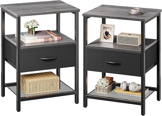 Huuger Nightstand Set of 2, Night Stand with Fabric Drawer, Mesh Shelf, Side Table with Storage, Fabric Drawer Dresser, Open Shelf, Metal Frame, Bedroom, Charcoal Gray