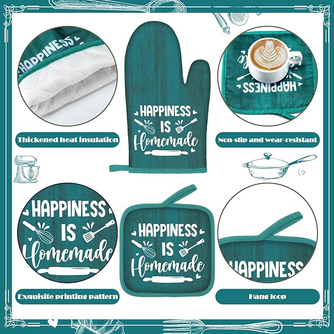 Fourluoo 10 Pcs Farmhouse Kitchen Decor and Accessories Set 4 Kitchen Towels 2 Pot Holders 2 Oven Mitts 2 Rugs for Cooking Baking Mom Housewarming Gifts(Light Blue,Classic Style)