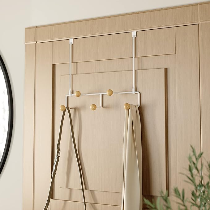 Umbra Estique Over The Door Coat Rack & Multi-Use Organizer, for Coats, Bags, Hats & More, Small, White/Natural