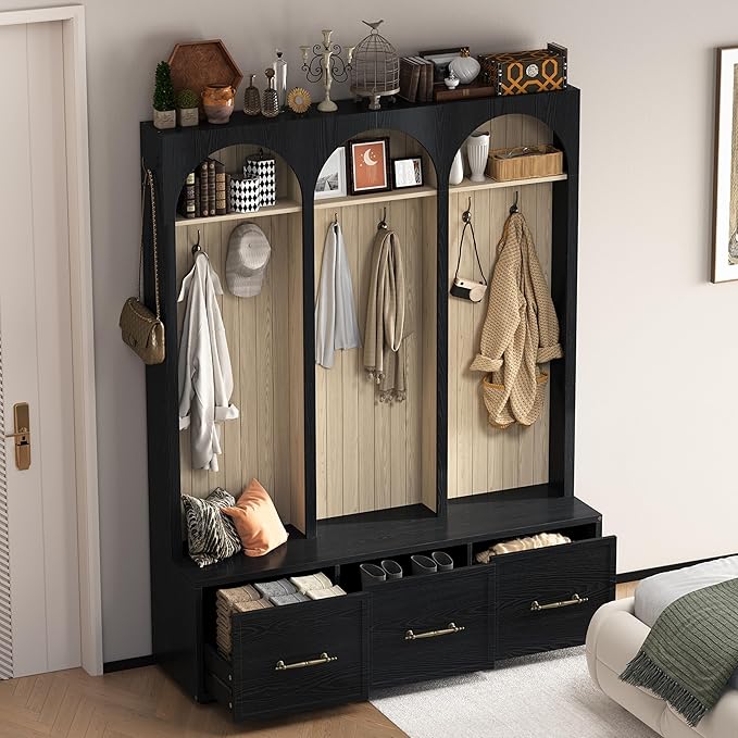 Bellemave Farmhouse Hall Tree with Bench and 3 Drawers, Entryway Bench with Coat Racks and Shoe Storage, 4 Hooks and Shelves (Black)