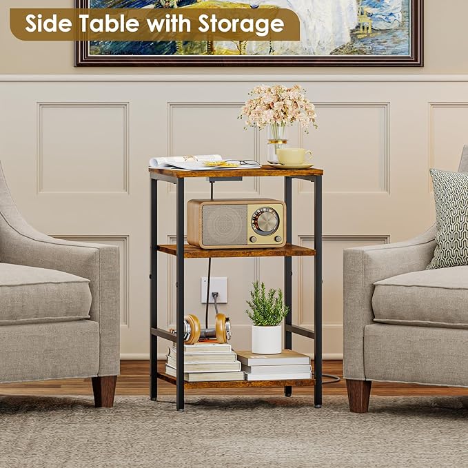 X-cosrack Side Table with Charging Station, End Table with USB Ports and Outlets, Nightstand with Storage Shelves for Small Space, Sofa Couch Table Bedside Table for Living Room Bedroom