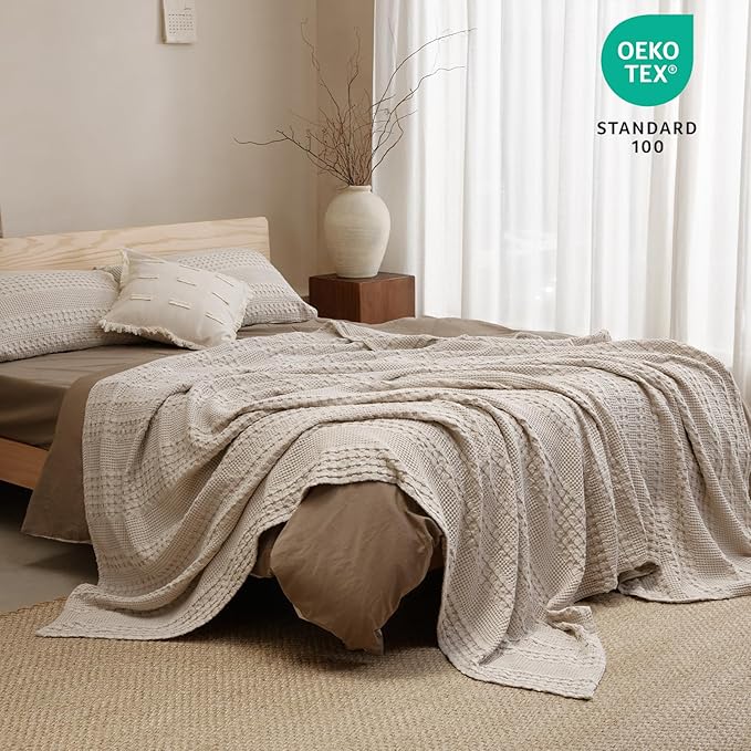 PHF 100% Cotton Waffle Weave Blanket King Size for Bed, Soft Lightweight & Breathable, All-Season Comfort, Luxury Aesthetic Woven Bedding for Home Decor, 108"x90", Oatmeal