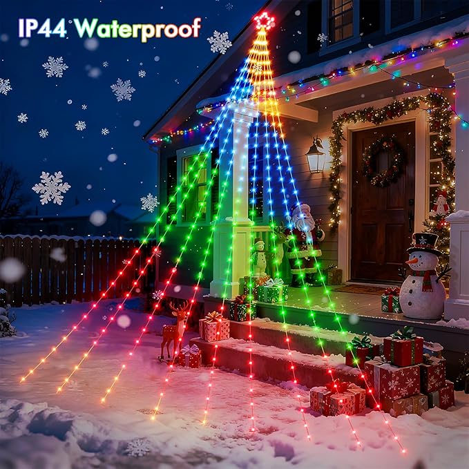 23FT Outdoor Christmas Decorations, Smart RGB Color Changing Christmas Hanging Waterfall String Lights, APP Remote Control, DIY Multi-Color Lightshow, Music Sync, Outside Xmas Lights Decor