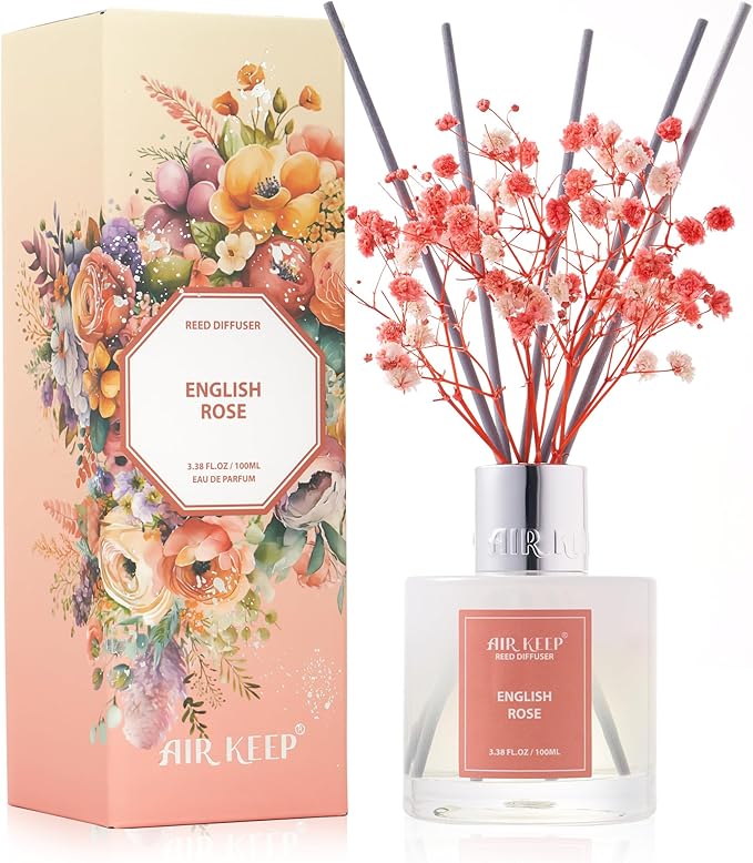Airkeep Reed Diffuser Set,3.38 fl oz (100 ml) - English Rose Oil Diffusers with 8 Reed Sticks, Home Fragrance Reed Diffuser for Bathroom Shelf Decor