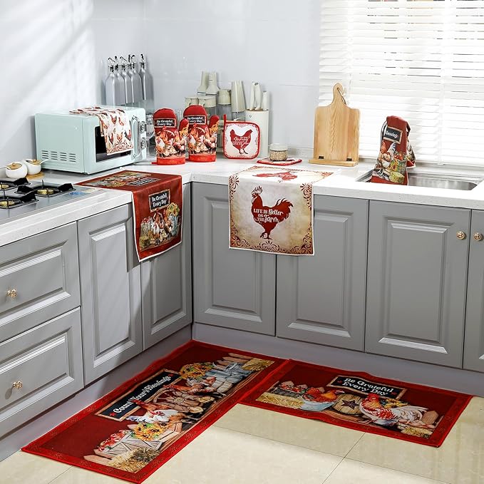 Fourluoo 10 Pcs Rooster Kitchen Set Kitchen Towels and Rugs Oven Mitts and Pot Holders Rooster Decor for Gift Cooking Baking Grilling