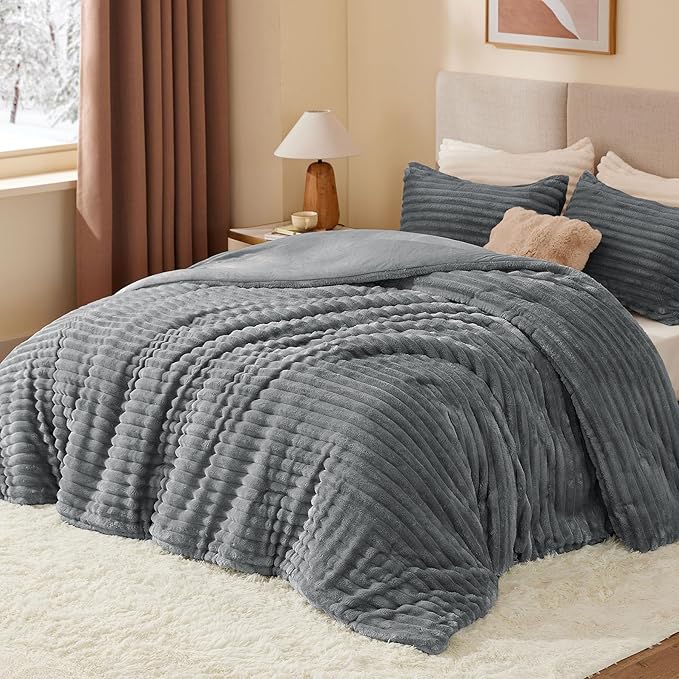 BEDELITE Fleece Twin Comforter Set -Super Soft & Warm Fluffy Grey Bedding, Luxury Fuzzy Heavy Bed Set for Winter with 1 Pillow case