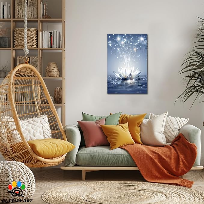 Zen White Lotus Flower Canvas Wall Art, Water Lily Bloom Picture, Lotus Flower Canvas Art Print, Calm Relax Poster, Meditation Spiritual Zen Flower Print for Yoga Spa Spiritual Room 18x24 inch