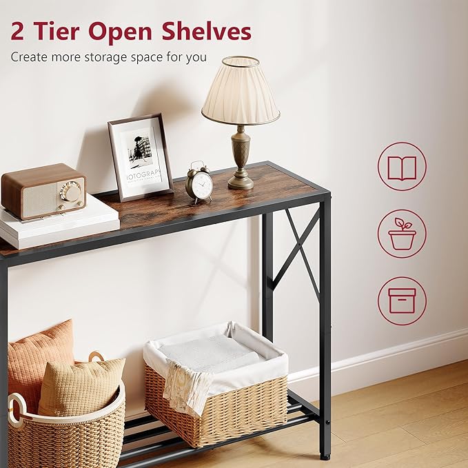 Tajsoon Console Table 41.8”, 2-Tier Industrial entryway Table, Narrow Sofa Table with Shelves, Entrance Table for Entryway, Hallway, Living Room, Foyer, Corridor, Office, Rustic Brown