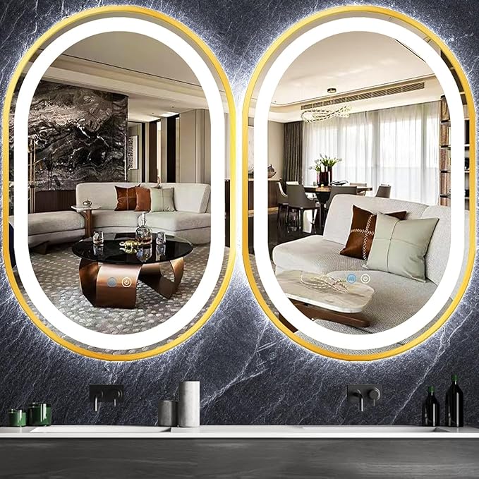 24 x 40 Inch Gold Oval LED Vanity Mirror with Lights Smart Memory 3 Color Dimmable Anti-Fog 40" Gold Framed Oval Lighted Mirror for Bathroom Salon Wall LED Ovals Mirror with Lights Frame