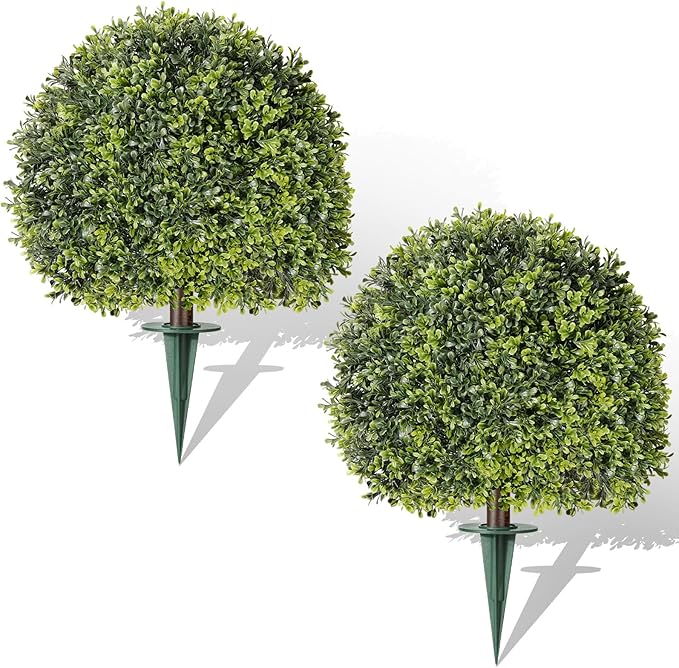 Lewondr Artificial Boxwood Topiary Ball Trees, 22.83'' Fake Plants Outdoor with Ground Spike, Set of 2 UV and Fade Resistant Faux Greenery Shrubs for Outdoor Indoor Front Porch Garden, Green