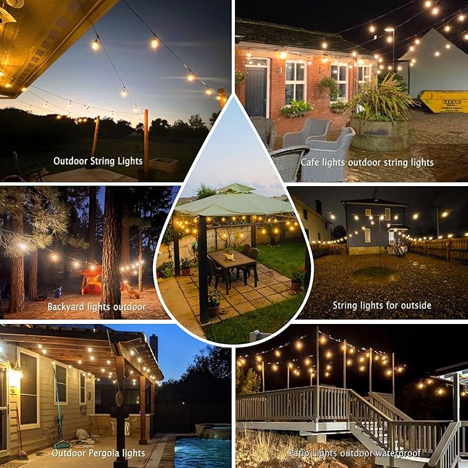 200FT Outdoor String Lights with 60+3 Replaceable S14 Edison Bulbs 2200K, Weatherproof for Patio Outside, 2Pack Linkable, Hooks and Zip Ties Included