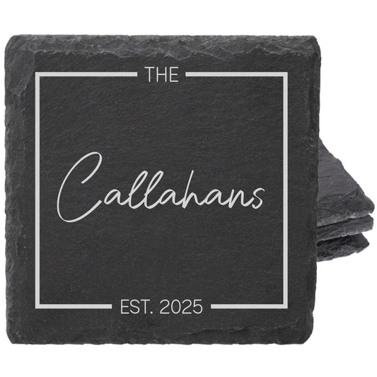 Custom Table Coasters for Drinks Set of 4 | Customized Name Engraved Square Slate Cup Coasters | Personalized Wedding Gifts for Couples 2025, Bridal Shower, Housewarming Gifts for Newlyweds