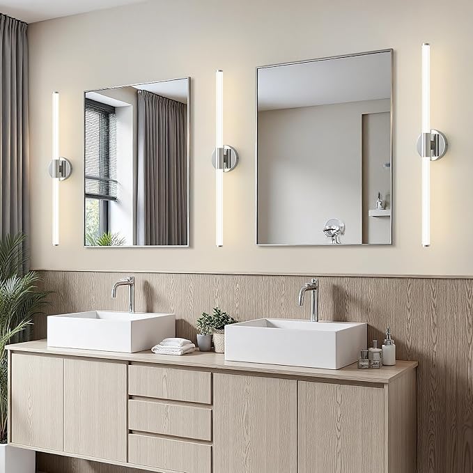 Dimmable LED Bathroom Vanity Lights 360° Full Lighting Bathroom Light Fixtures Over Mirror Vanity Light Bar Modern Wall Sconce 4000K for Bedroom Living Room Hardwired Chrome, 30 inch