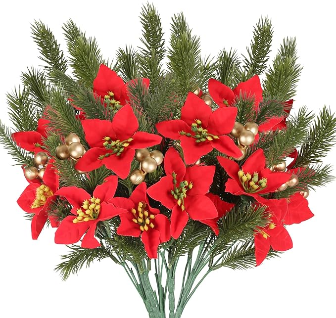 GTIDEA 6pcs Artificial Pine Branches Christmas Greenery Stems with Poinsettias Artificial Christmas Flowers and Berries Fake Green Plants for Xmas Tree Home Porch Table Centerpieces Vase Decor (13.4")