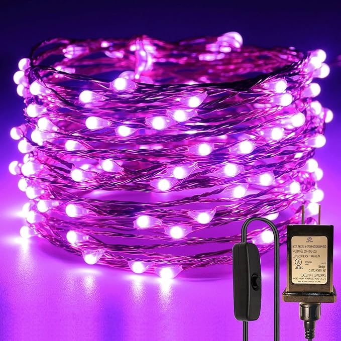 RUICHEN Plug in Fairy String Lights with Switch, Waterproof 33 Ft 100 LED Copper Wire Firefly Lights for Bedroom, Patio, Garden, Balcony, Dorm, Purple