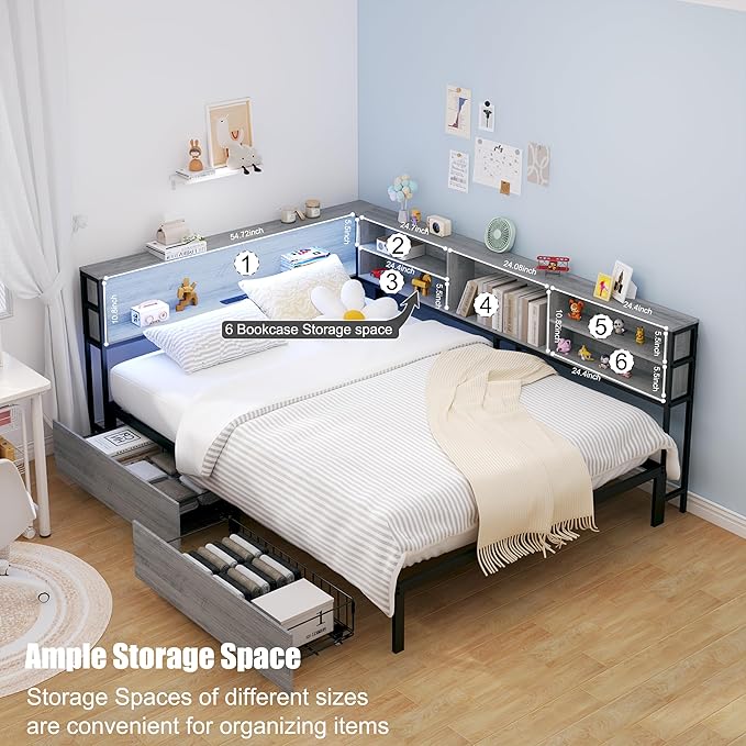 Corner Bed Frame Full with Storage, L Shaped Daybed for Kids,Full Corner Bed with Drawers, Shelves, RGB LED Lights & Charging Station, Sturdy Metal Kids Full Bed for Girls Boys,Gray
