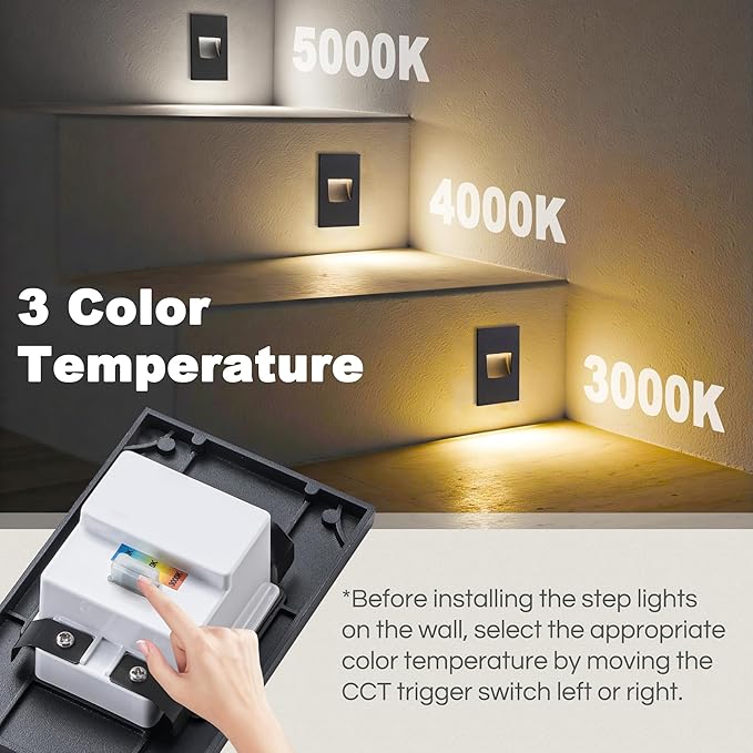 FTL 12-Pack LED Step Lights Outdoor Stair Lights Indoor, 120V Dimmable 3CCT 3000K/4000K/5000K Color Changing Deck Stair Lighting 150LM 3.5W, Waterproof Black Aluminum Staircase Vertical