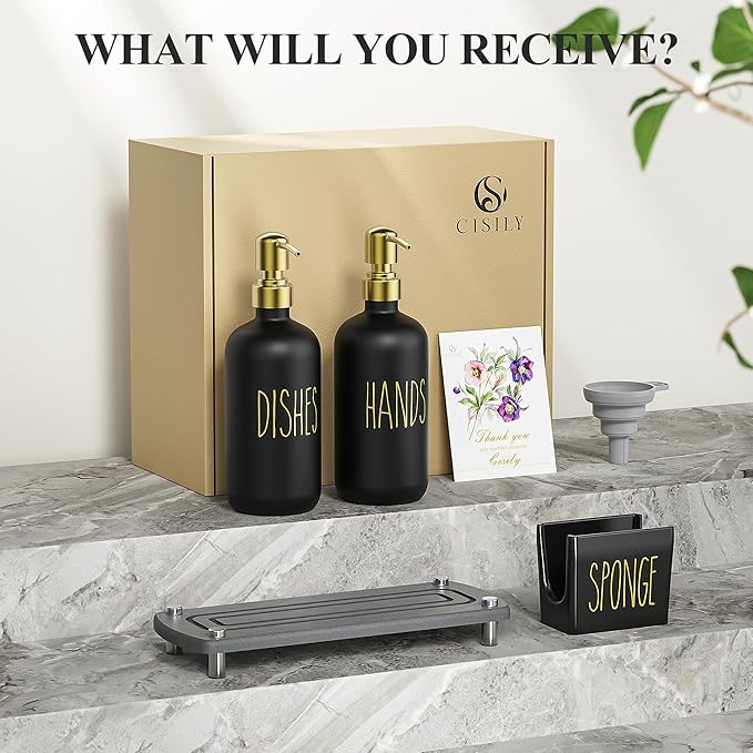 Cisily Kitchen Soap Dispenser Set Comes with Ceramics Sponge Holder, Gold Pumps, and Instant Dry Tray, Hand and Dish Soap Dispenser Set Suitable for Kitchen Decor and Accessories(Black & Gold)