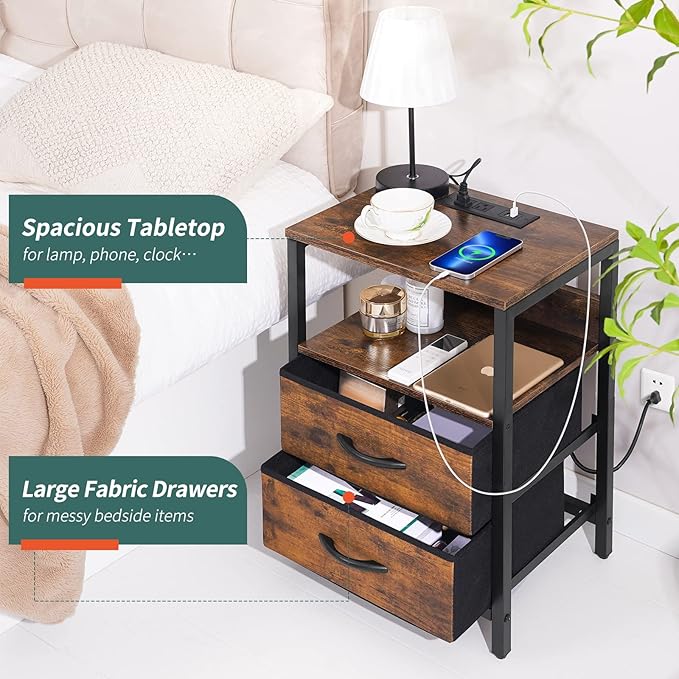 Yoobure Nightstand with Charging Station, Small Night Stand with Fabric Drawers and Storage Shelf for Bedrooms, Small Spaces, Bedside Table with USB Ports & Outlets