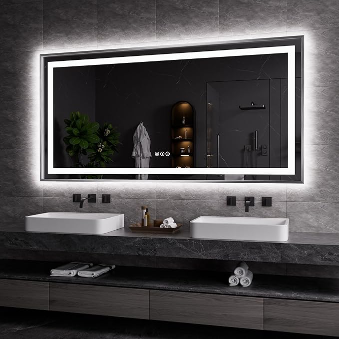 Amorho 72"x 36" LED Bathroom Mirror, Brushed Nickel Framed Mirror with Front Light and Backlit, Stepless Dimmable, Anti-Fog, Shatter-Proof, Memory, 3 Colors