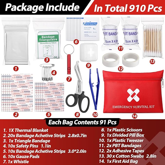 Geiserailie 10 Bags Small First Aid Kit Mini Travel Size Emergency Kit Bulk Self Care Package Supplies for Homeless Travel Sports Hiking Outdoor Backpack Essentials,10 Individual Bags of 91 Items Each