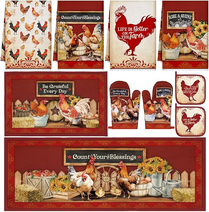 Fourluoo 10 Pcs Rooster Kitchen Set Kitchen Towels and Rugs Oven Mitts and Pot Holders Rooster Decor for Gift Cooking Baking Grilling