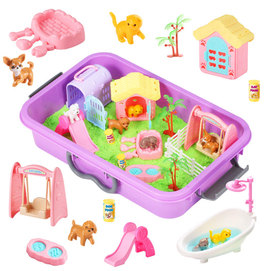 Carolart Pet Sensory bin,Dog and Cat Sandbox for Kids,Kids Play Sand Kit,Pet Play Set with Sensory Sand,Pet Care Play Set,Role Pretend Play Beach Toy Birthday Gift for Girls Boys 3 4 5 6 Years Old