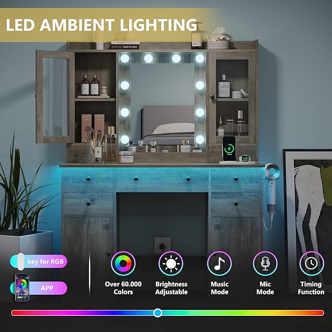 Makeup Vanity Desk with Mirror and Lights, Grey Vanity Table Set with Storage Drawers, Charging Station & Cabinets, Large Dressing Table with RGB Ambient Light for Women Girls Bedroom Bathroom