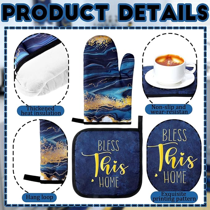 Fourluoo 10 Pcs Kitchen Dish Towels Rugs Oven Mitts and Pot Holders Kit Farmhouse Kitchen Decor Set Gloves Vintage Potholders for Baking Cooking Chef(Blue,Modern)