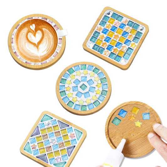 LB 4 Sets DIY Glass Mosaic Tiles for Crafts Coaster Kit,Mixed Color Art Mosaic Tiles for Crafts Kits with Wooden Coaster for Adults, Handmade Coasters Making Mosaic Coaster Kit Home Decor Gifts