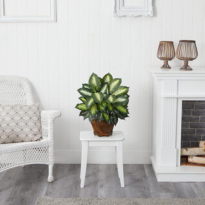 Nearly Natural 22IN Artificial Triple Golden Dieffenbachia Plant with Decorative Wood Planter, Faux Plant for Indoor Home Décor