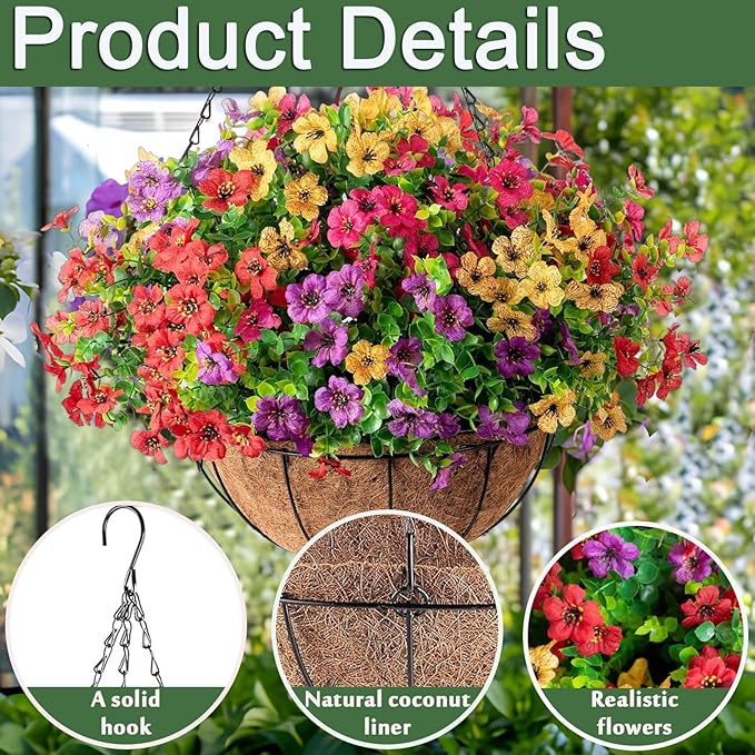 Orgrimmar Artificial Hanging Flowers Basket Outdoor Fake Hanging Plants UV Resistant Realistic Silk Flowers Eucalyptus in Coconut Lining Baskets for Home Porch Balcony Patio Yard Muti-Color