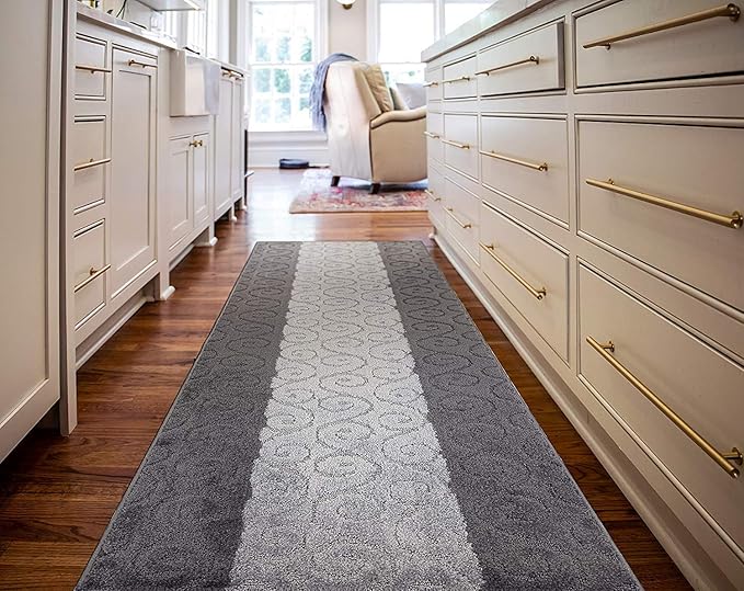 Custom Size Modern Runner Rug Carpet for Hallway Entryway Foyer Kitchen, Slip Resistant Latex Rubber Backed 31 inch Wide X Customized Length, Scroll Grey, 31 inch X 7 feet