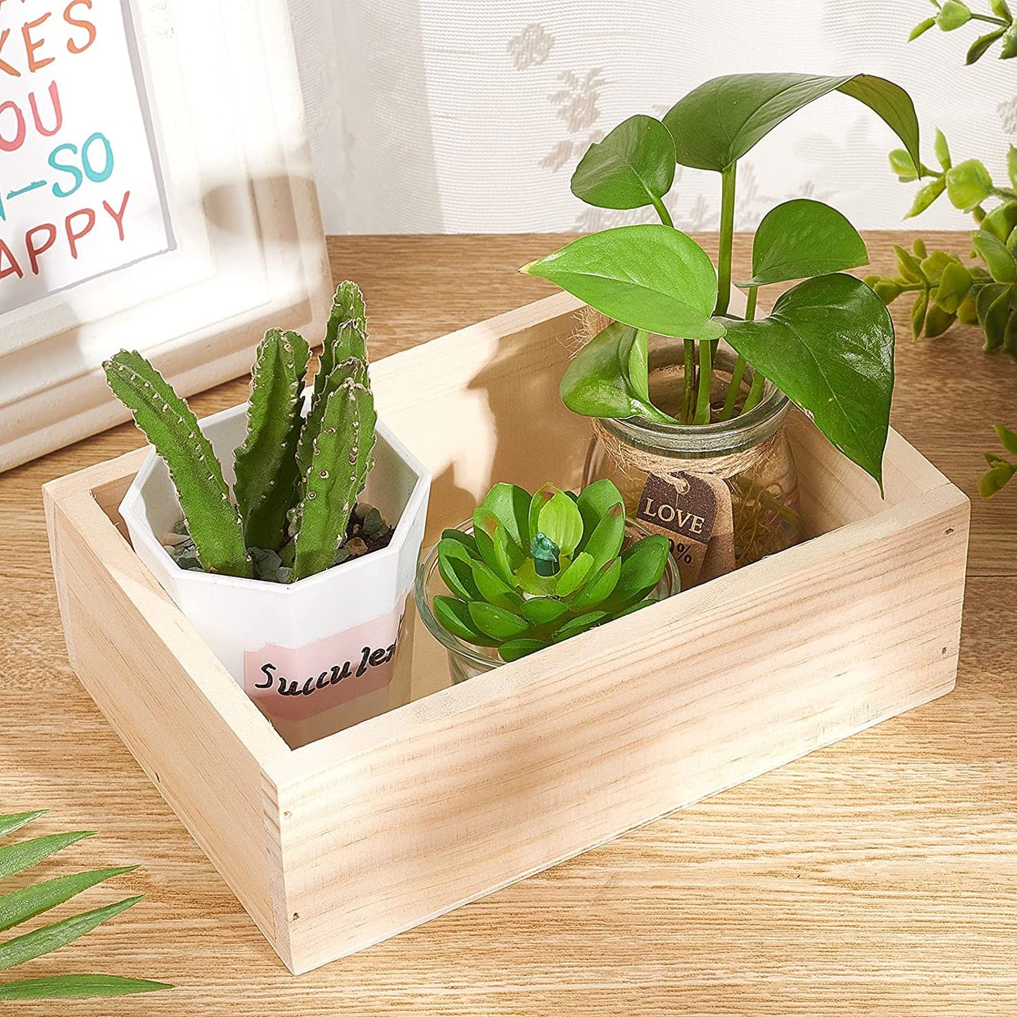 LONG TAO 2 Pcs 7.5" × 5"" × 2.4"" Natural Wooden Succulent Planter Plant Container Box Window Boxes Rectangular Flower Pot Storage Box for Indoor Outdoor Home Venue Decor"