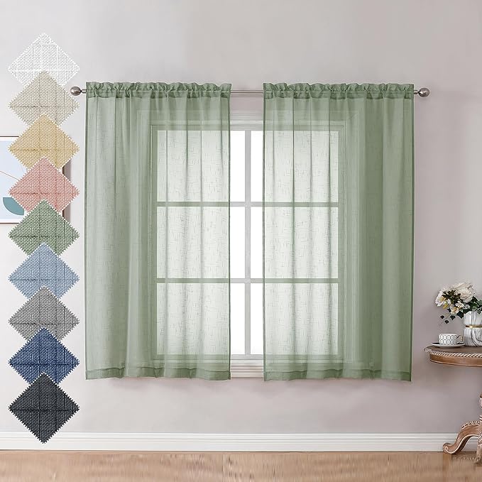 Aiyufeng Sage Green Sheer Curtains 45 Inch Length 2 Panels, Short Linen Curtains for Kitchen, Small Window Curtains Window Treatment Privacy with Light Filtering for Bathroom, Each 30Wx45L Inch, Green