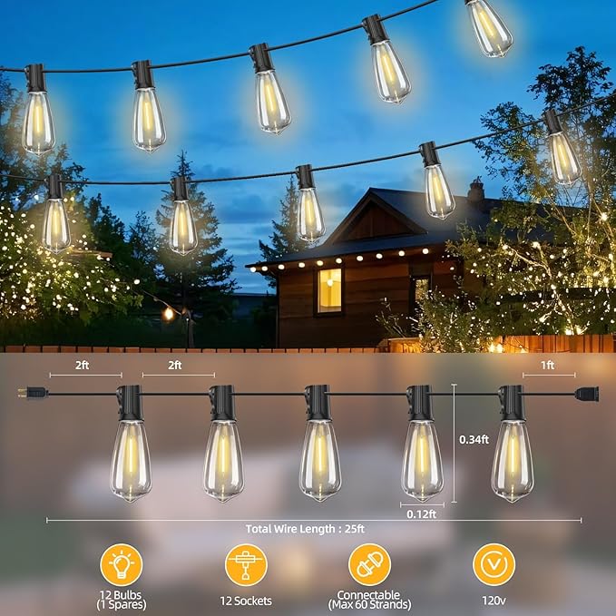 50FT Outdoor LED String Lights,Vintage ST40 LED Bulbs (25+2 Spare),Shatterproof Plastic,E17 Socket,2700K Warm White-Ideal for Patio,Porch,Deck,Gazebo,Bistro,Backyard,Wedding&Party Décor
