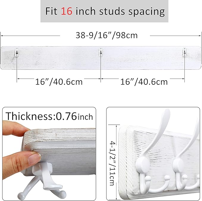 WEBI Coat Rack Wall Mounted,38 9/16" Long,10 Triple Hooks,Wood Coat Hooks Wall Mount,Large Coat Hanger Wall,Hook Rack,Tri Hooks for Hanging Coats,Clothes,Jacket,Entryway,Rustic White,2 Packs