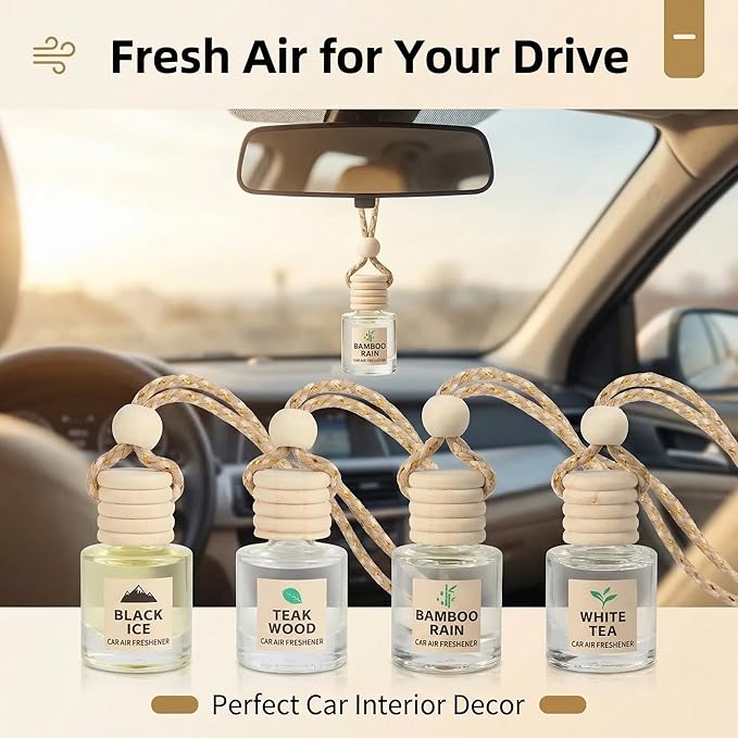 Plant-Powered Car Air Freshener 4-Pack, Essential Oil Hanging Car Diffuser for Rearview Mirror, Long Lasting Odor Eliminator, Aesthetic Auto Decor Accessories (Teakwood, Bamboo, White Tea)
