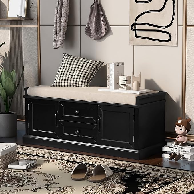 Merax Rustic Wood Shoe Storage Bench with 2 Drawers and 2 Cabinets for Entryway Hallway Front Door Black