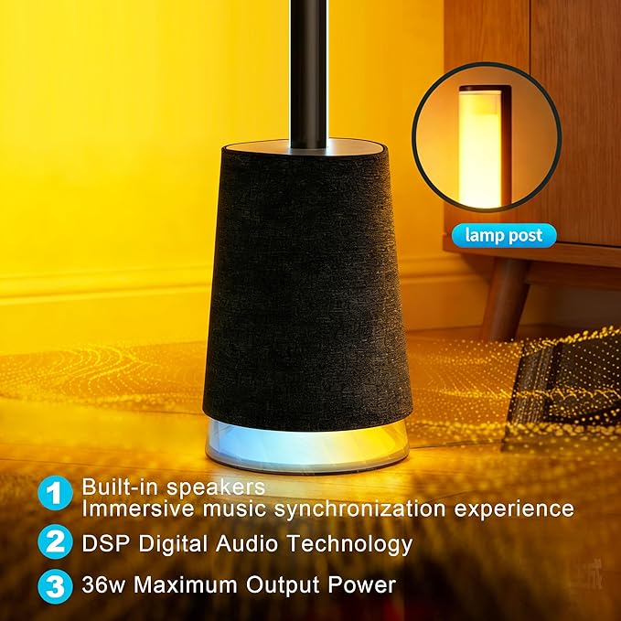 65in Smart Floor Lamp Plus with 36wBluetooth Speaker RGB+ICWW 16 Million Colors LED & Music Sync Alexa & Google Voice Control Corner Light for Living Room Bedroom 1600 Lumens Standing lamp
