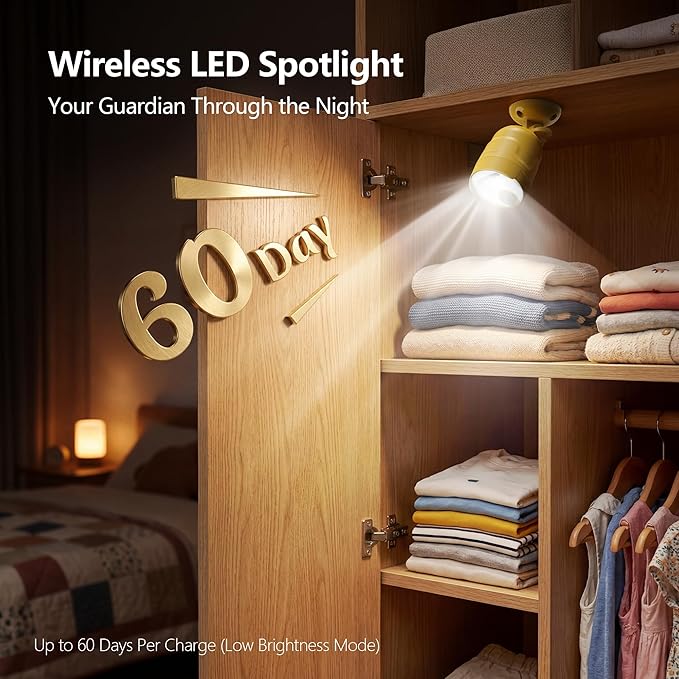 Wireless LED Spotlight, Battery Operated Motion Sensor Outdoor Light - 4000mAh Rechargeable 2-Mode IPX5 Waterproof 600LM Light for Porch, Garage, Hallway, Wardrobe (Yellow)