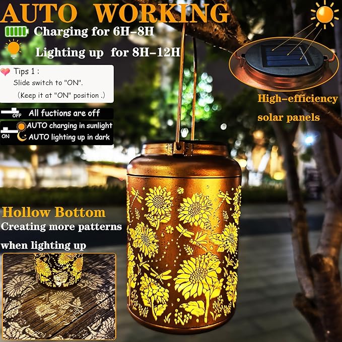 Birthday Gifts for Women Mom Grandma Ideas,Solar Lanterns Outdoor Waterproof,Dragonfly & Sunflower Hanging Metal Garden Decor Art Lights,Decorative Solar Powered Lantern for Patio Yard Porch