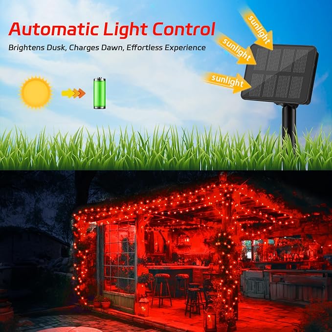 Solar Fairy Lights Outdoor, 16.4ft 50LED Red String Lights with 8 Modes, 2 Pack for Patio & Garden Decorations